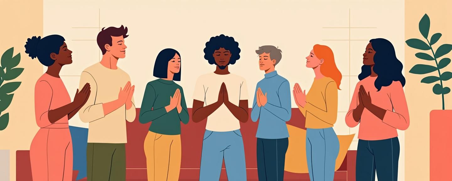 Gathered in a living room, holding hands with eyes closed and a peaceful atmosphere.