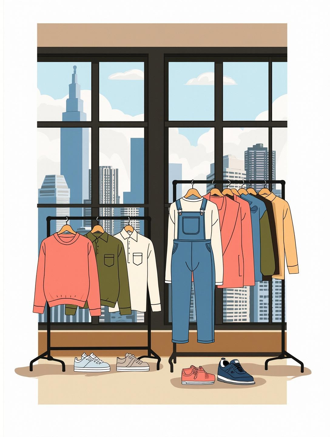 Arranged stylishly on racks with a backdrop of city skyscrapers visible through large windows