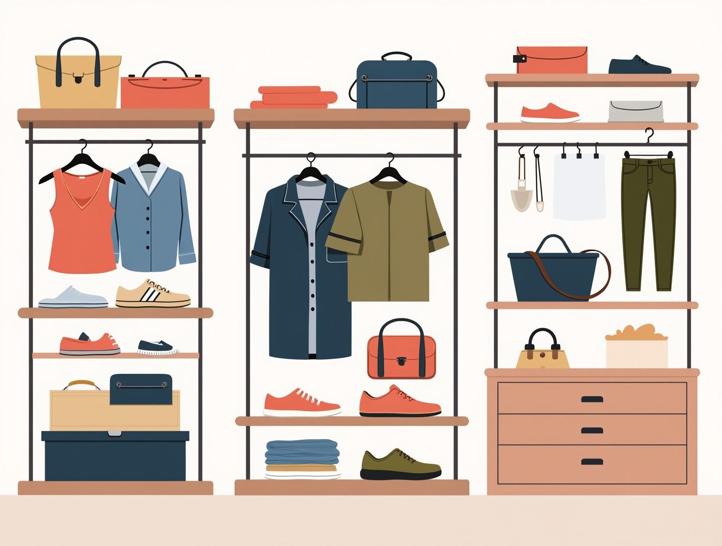 Hanging and folded in a well-lit walk-in closet, exuding quality craftsmanship