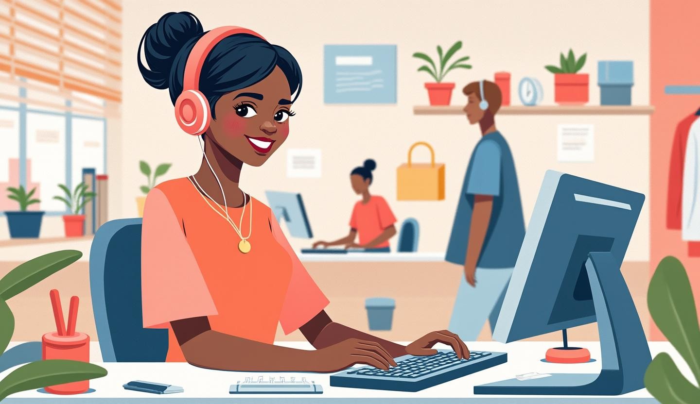 Office setting with computers and phones, smiling and assisting a client.