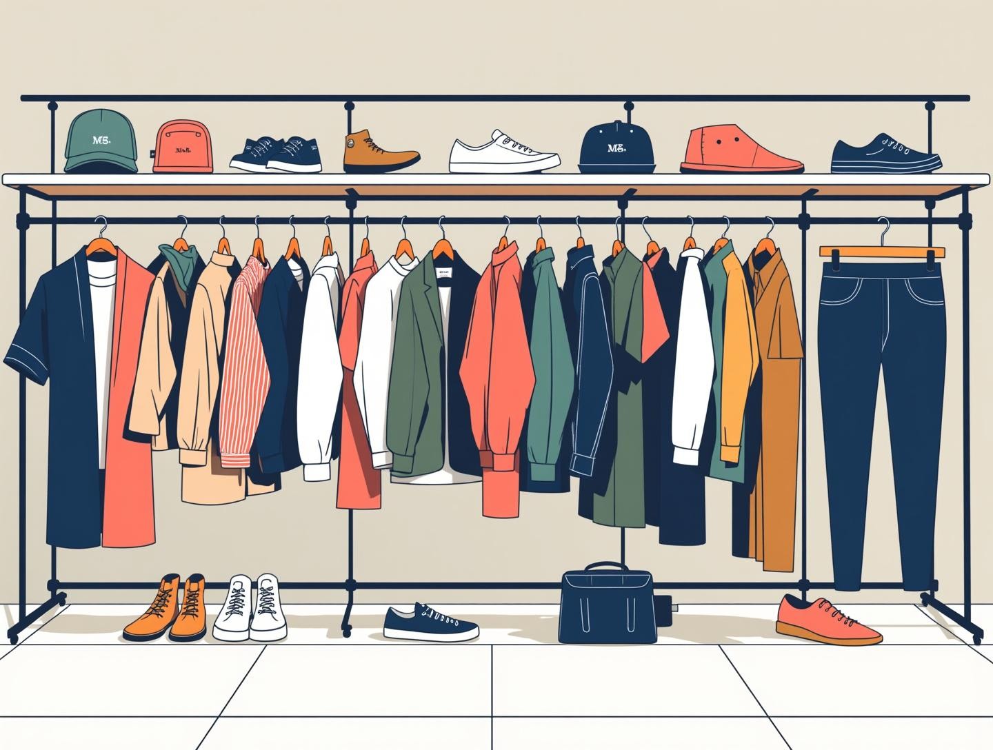 A clothing store featuring racks of neatly organized men's clothing, emphasizing versatility and modern style.