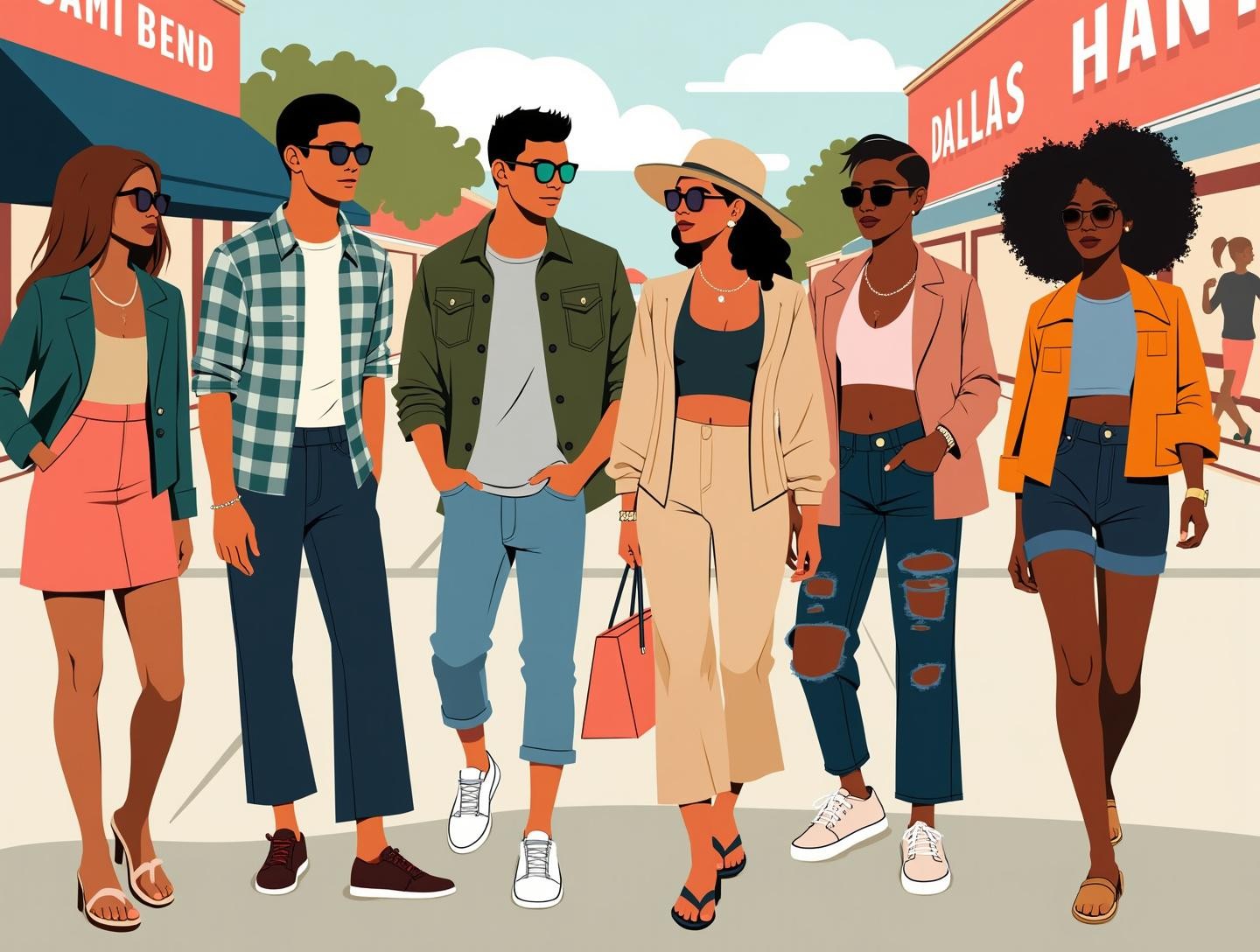 Street scene with people in stylish and unique attire, engaging with one another and the environment.