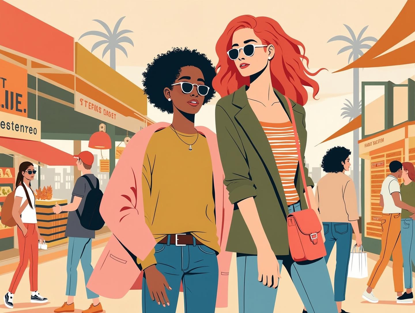 Interacting in a vibrant street market scene, looking confident and stylish