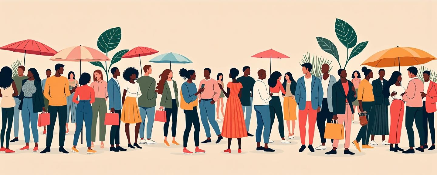 A bustling community event with people discussing fashion trends and styles.