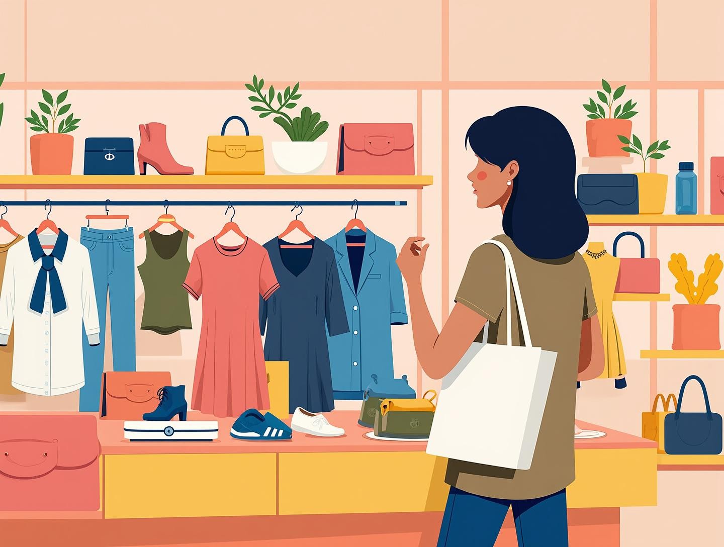 A lone person looking through clothes in a store, surrounded by mannequins but no other customers.