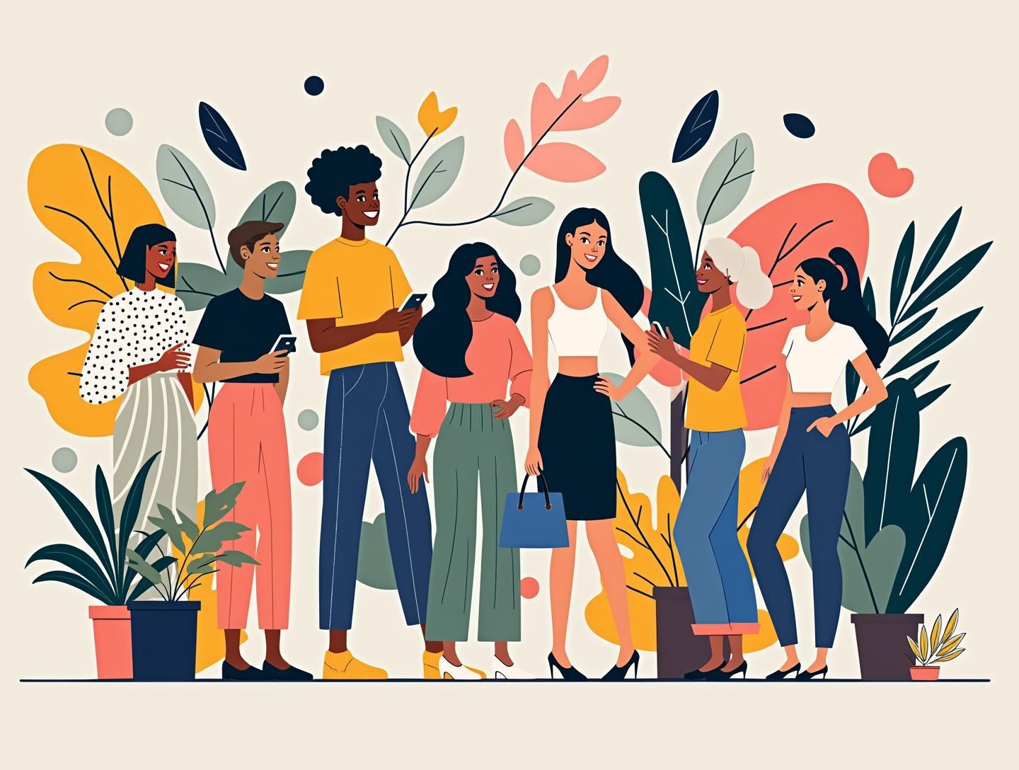 Diverse group of people interacting and enjoying themselves in a lively, stylish boutique setting.