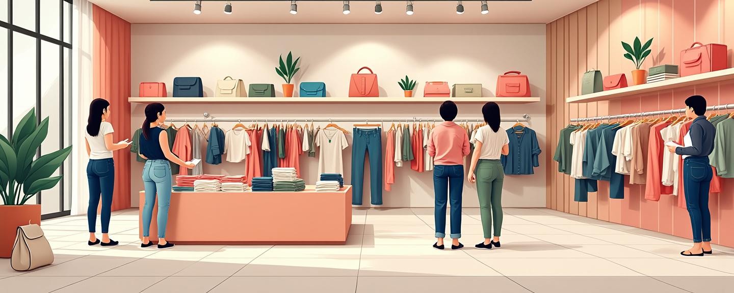 Displayed elegantly in a well-organized boutique store with attentive sales staff assisting customers.