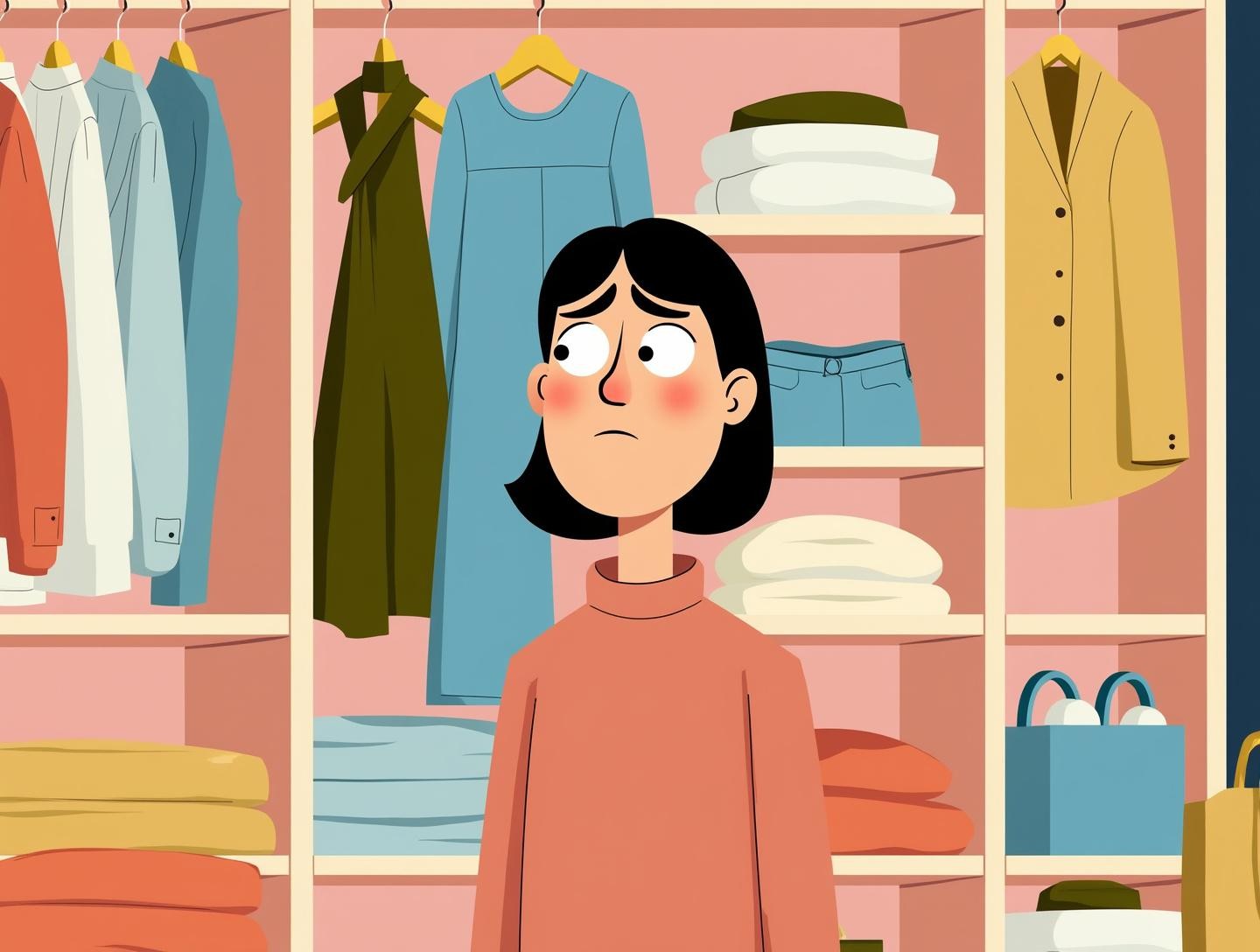 Standing in front of a wardrobe filled with plain and lackluster clothes, contemplating choices.