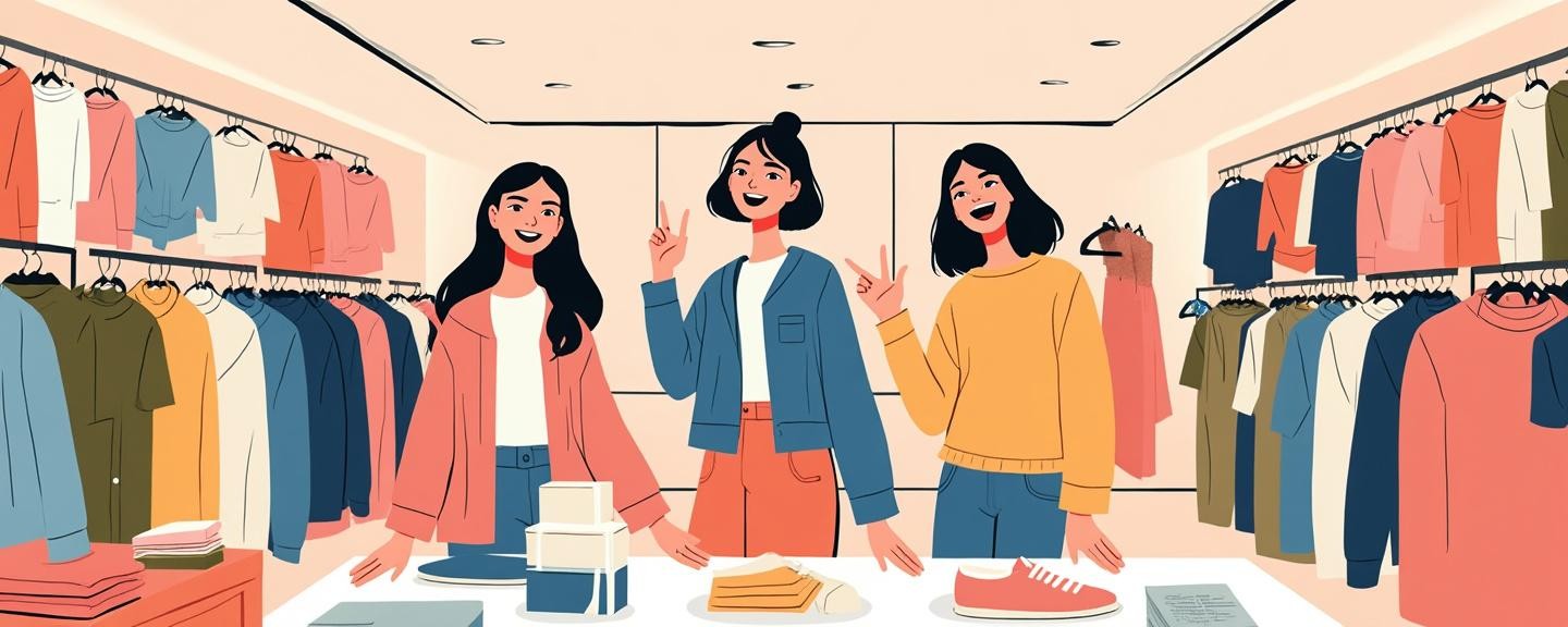 Shoppers joyfully browsing clothing racks in a modern retail store