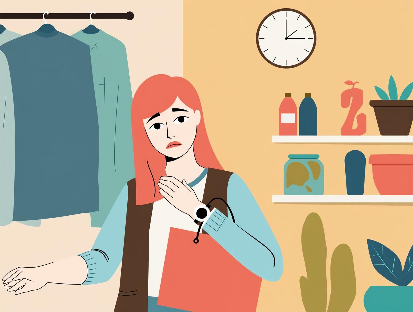 Person looking at watch while holding an empty shopping bag in a home setting