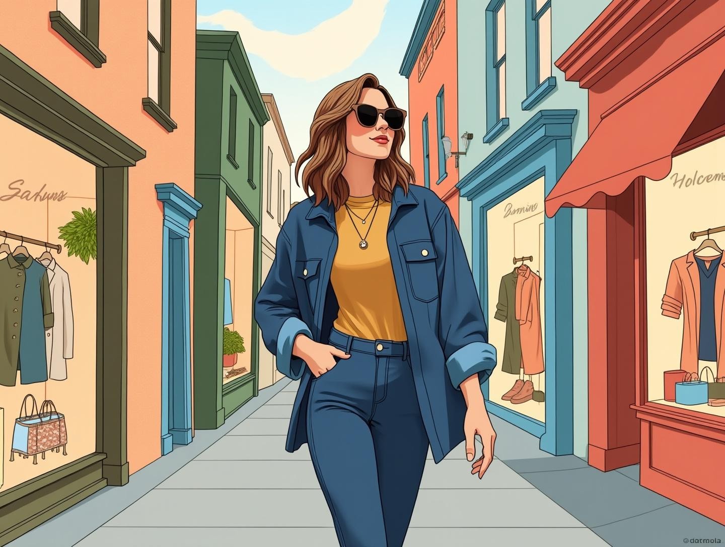 Confident individual in trendy outfit walking through city streets past fashion boutiques