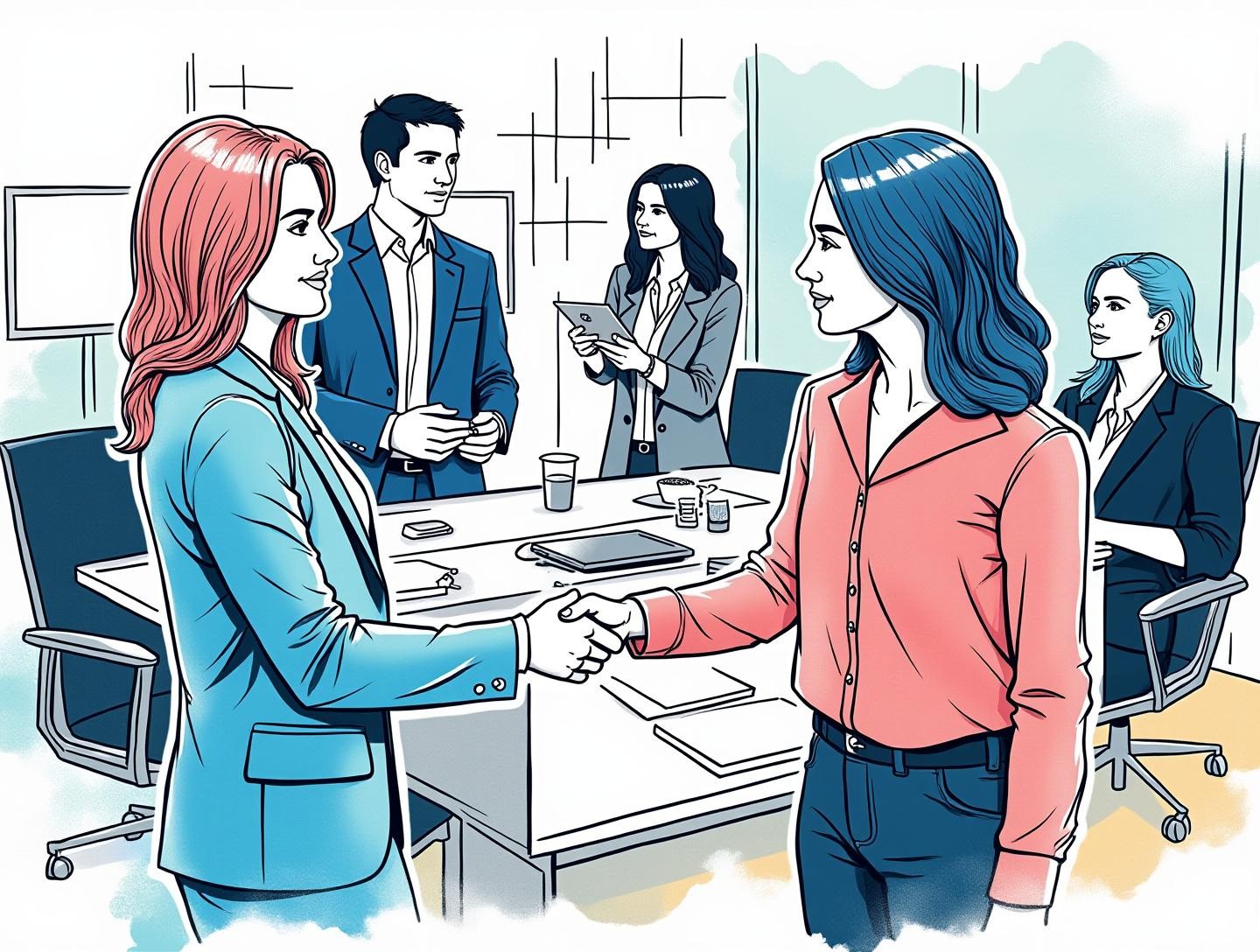 Group of industry professionals shaking hands in an office setting, showcasing diverse profiles
