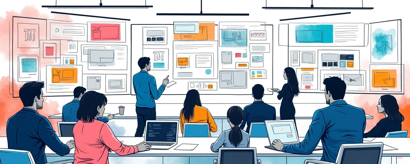 A group of professionals in a modern office brainstorming innovative tech ideas with digital screens displaying product concepts.