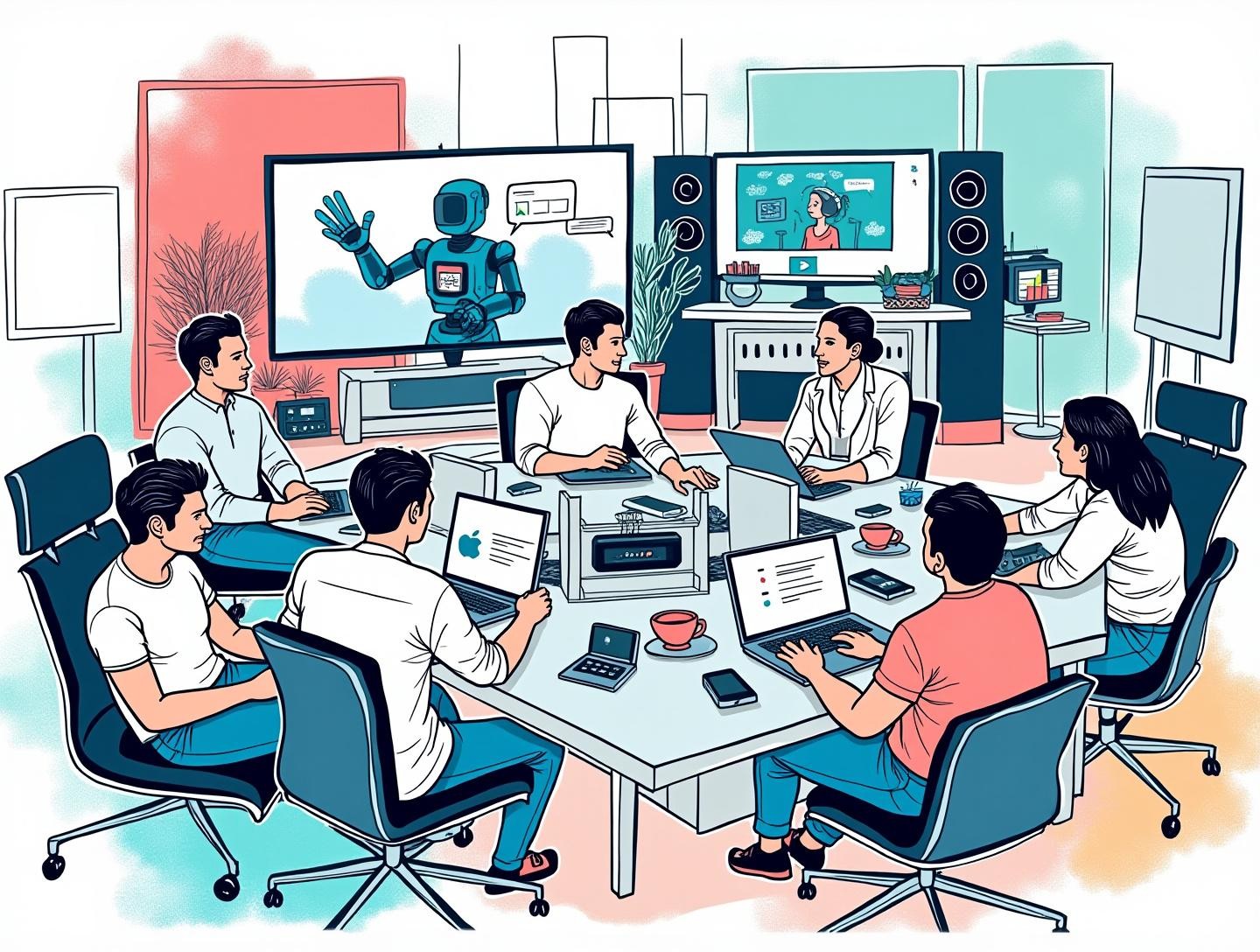 Diverse team working on creative AI projects, surrounded by film and VR equipment in a studio setting.