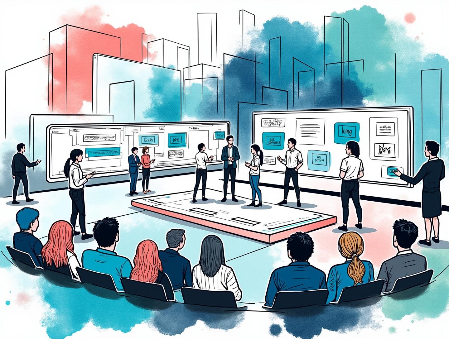 Team presenting innovative storytelling technologies to an audience, with interactive displays and futuristic design elements.