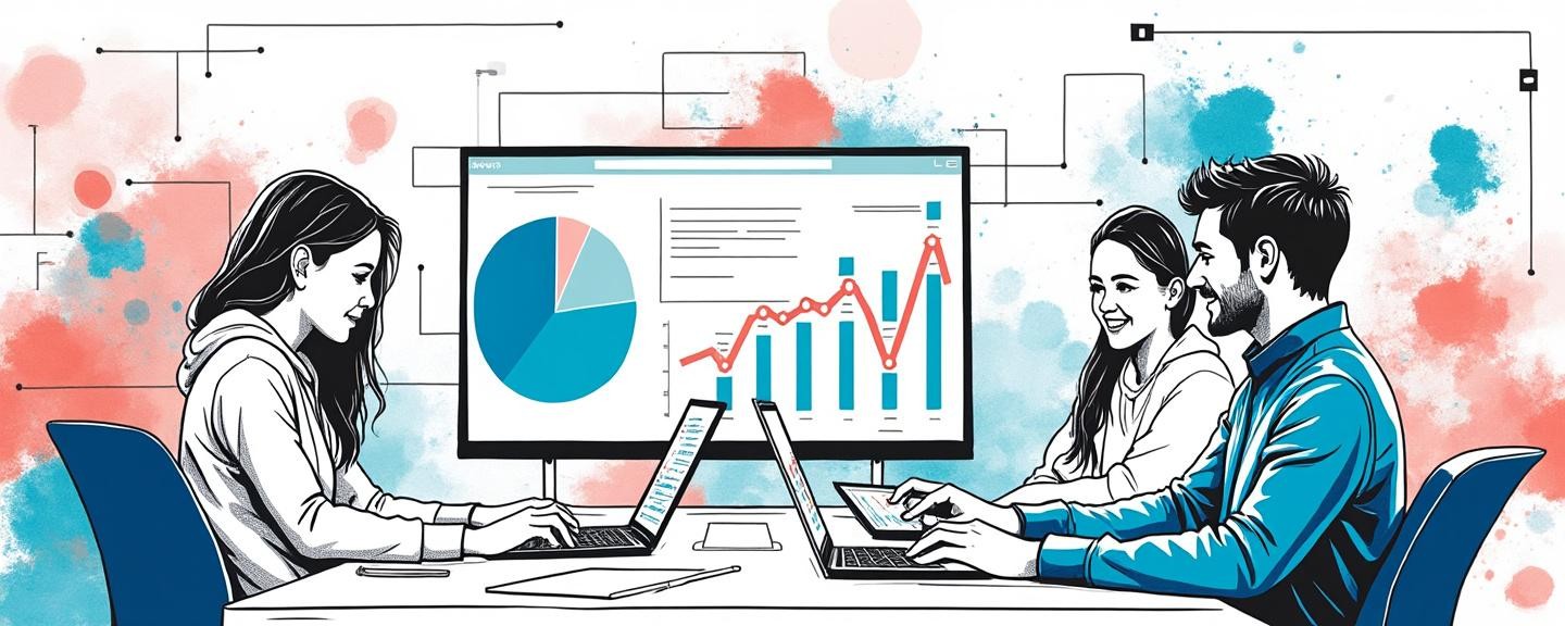 Office setting with charts and laptops displaying data