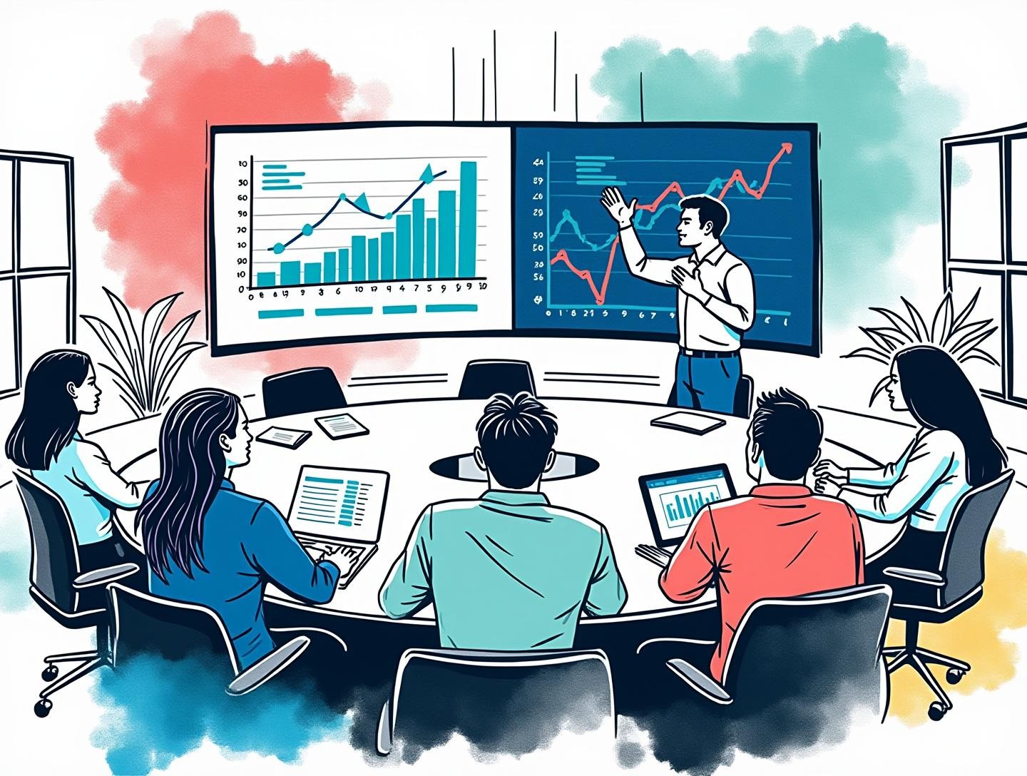 Conference room with digital screens showing market trends
