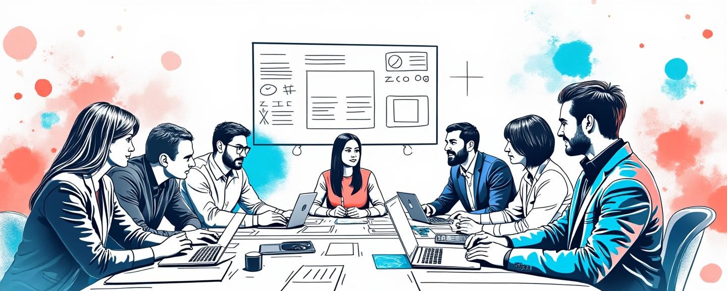 Creative professionals brainstorming around a large table with branding materials and digital devices.