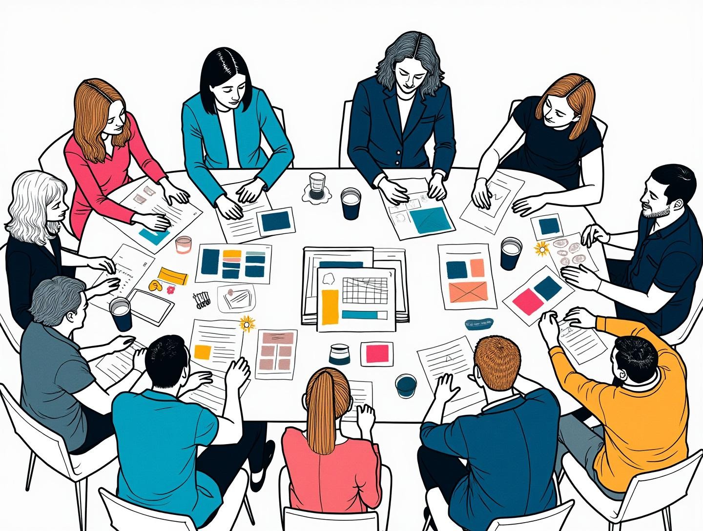A diverse group working together, sketches and mood boards are spread across the table.