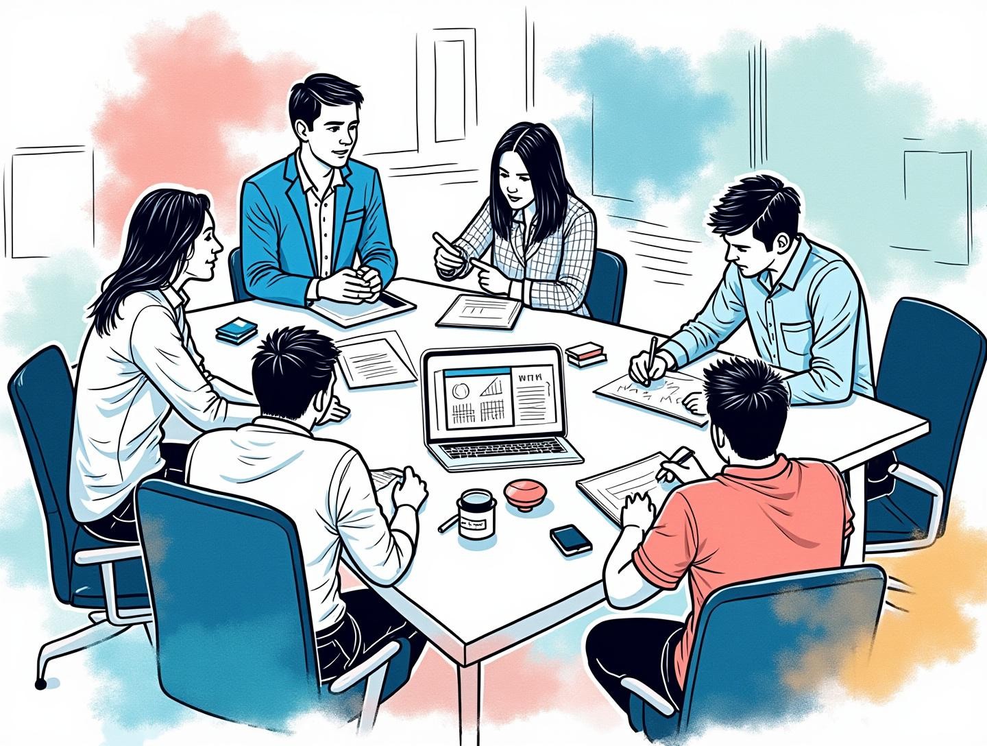 In a collaborative office space, discussing and sketching ideas for film and television projects