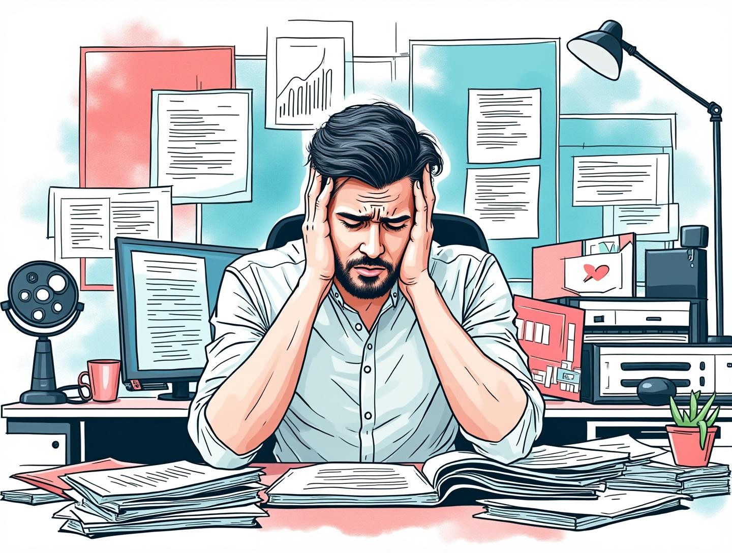 An office space cluttered with paperwork, showing an entrepreneur seated at a desk displaying frustration and concern over stagnant growth figures.