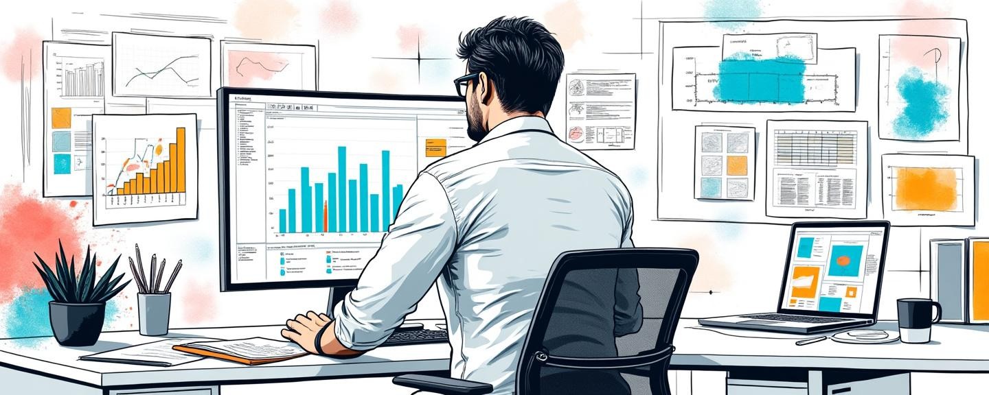 Overlooking blueprints and documents, in a modern office environment