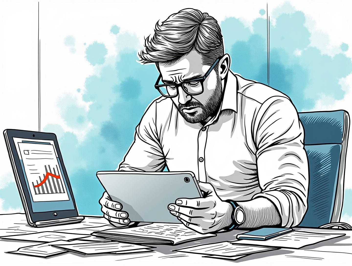 Holding a tablet with graphs in a meeting room with disorganized papers