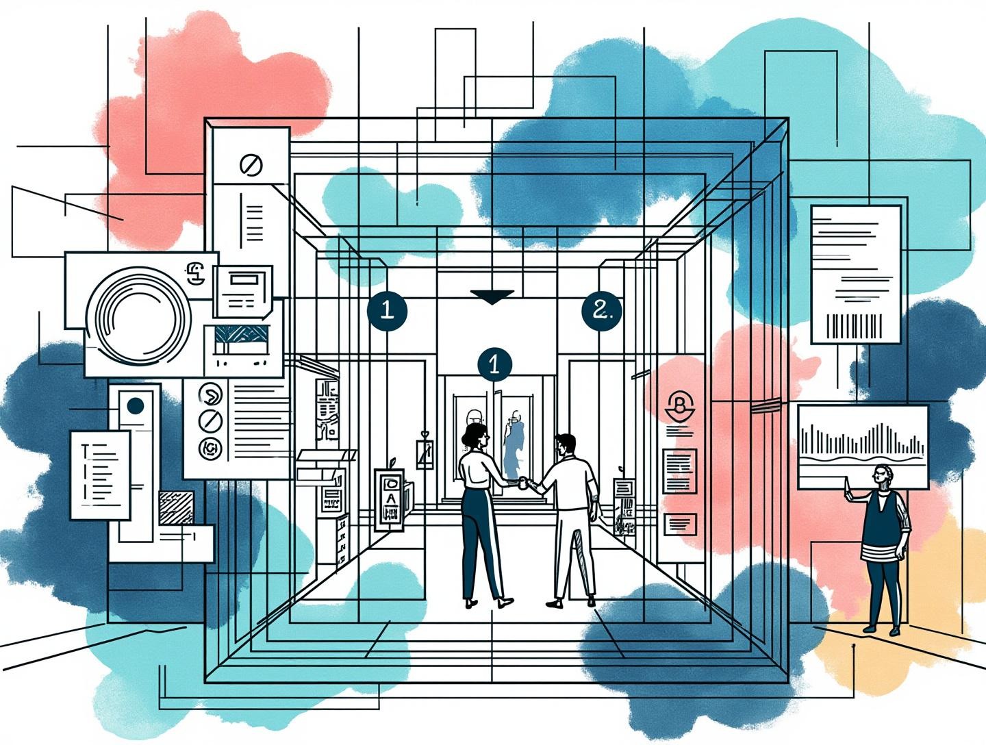 Modern office lobby filled with innovative design elements, displaying symbols of successful collaborations