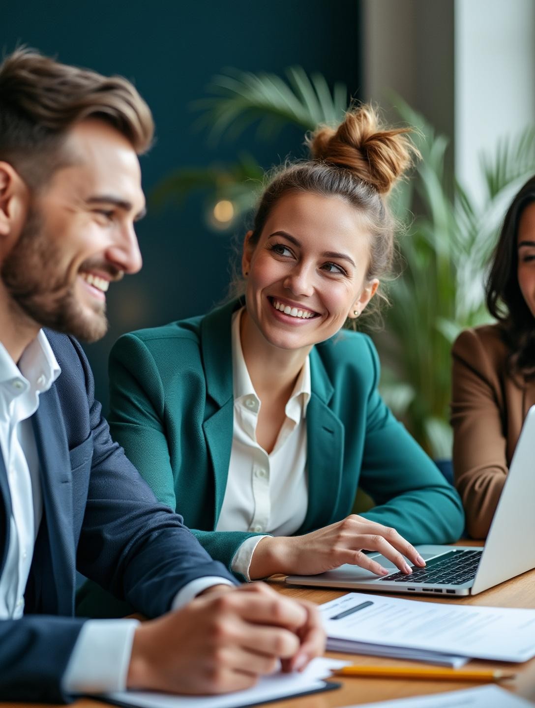 Small business owners consulting with advisors in an office environment, utilizing laptop and documents for assistance planning.