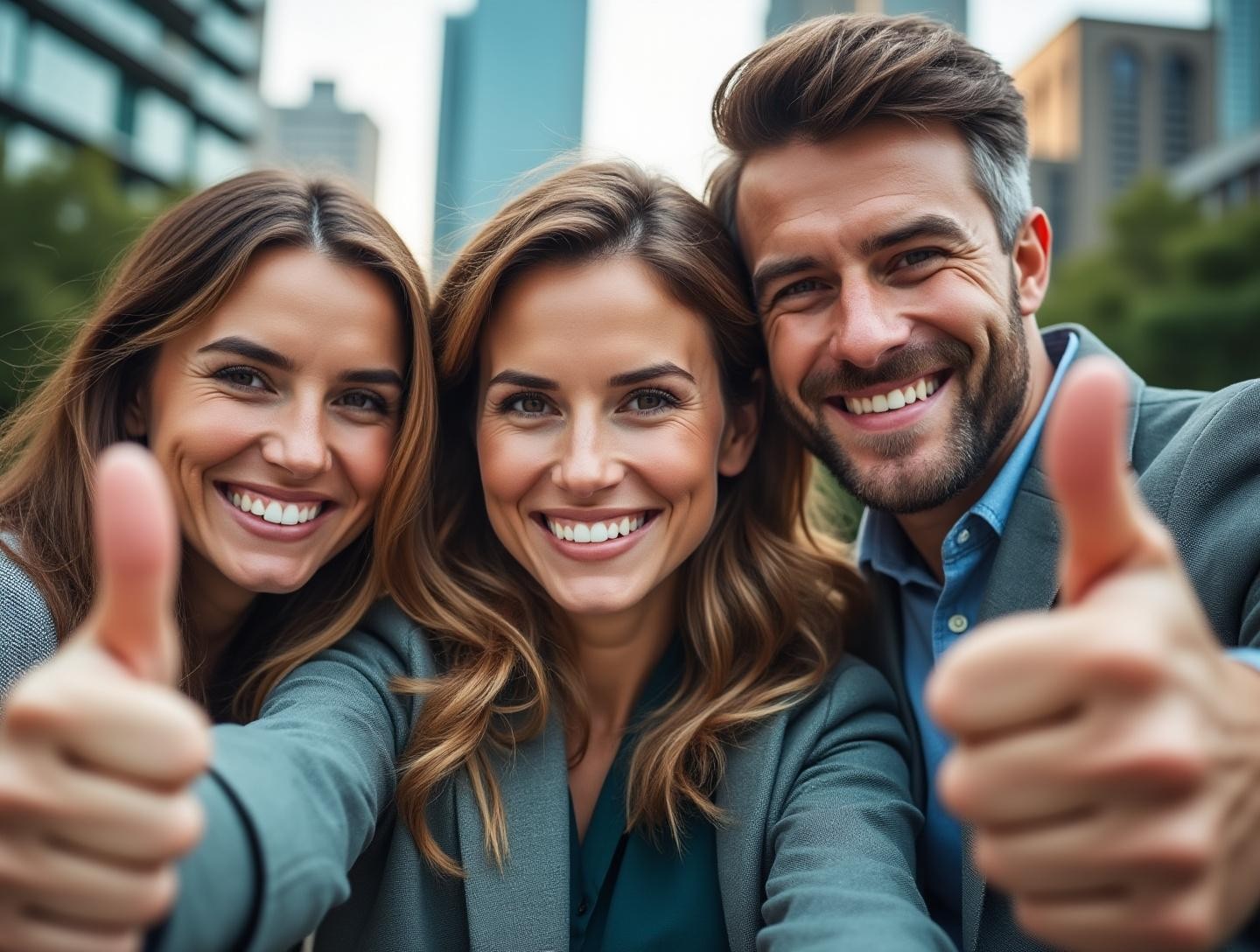 Smiling group of entrepreneurs celebrating success outdoors holding thumbs up with cityscape backdrop.