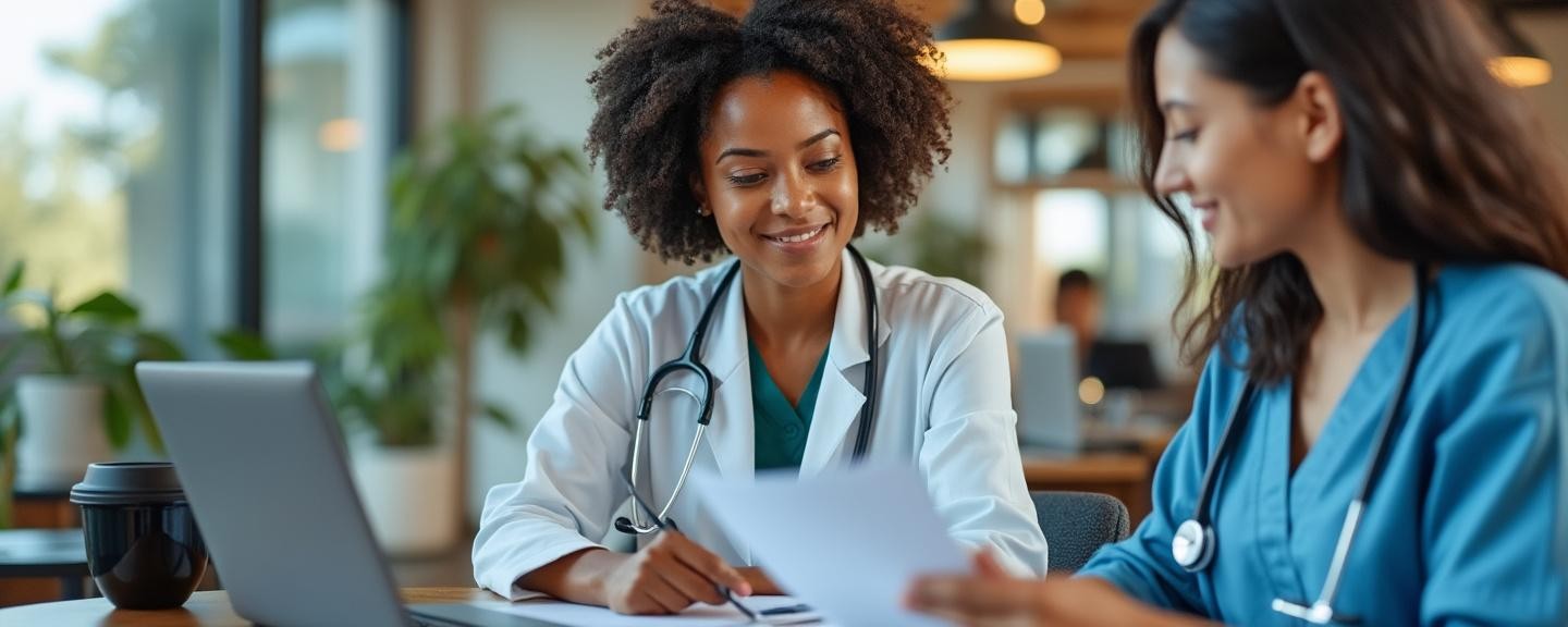 Healthcare professional receiving guidance on paperwork compliance from expert tutor in office space dedicated to healthcare applications.