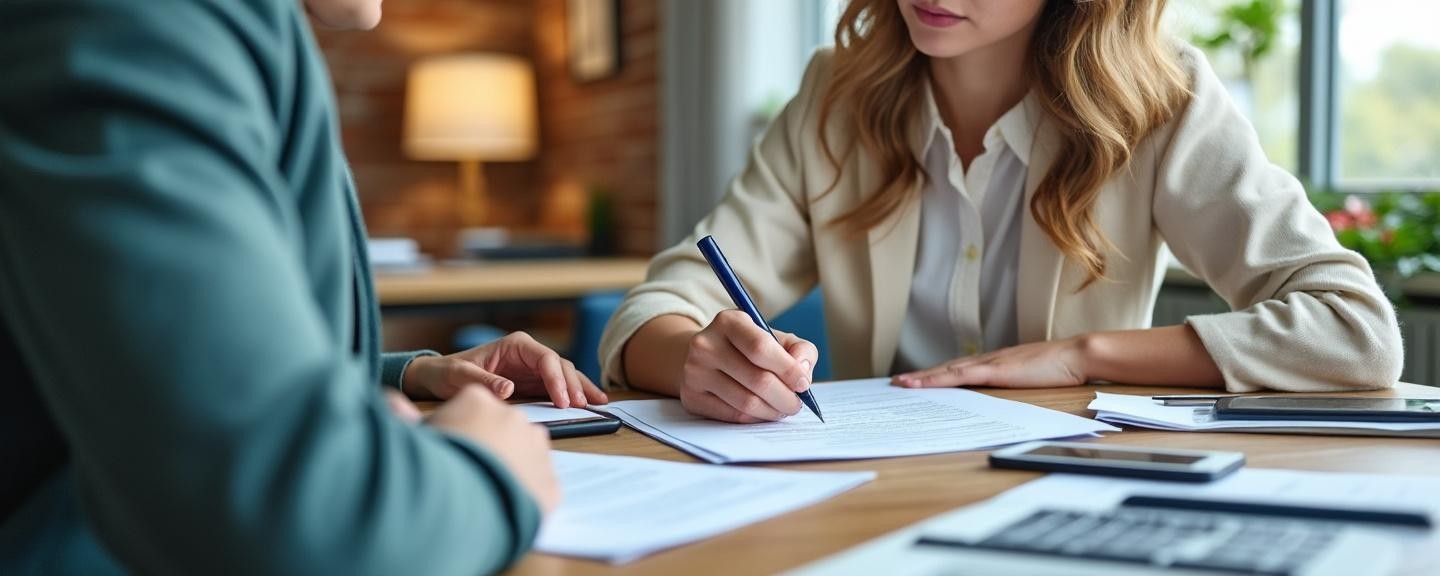 Consultant assisting individual with developmental services paperwork, seated together at a desk.