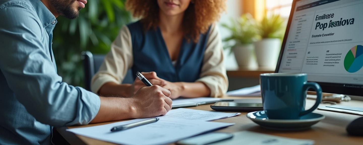 HR manager working with consultant at computer to ensure employee compliance in corporate setting.