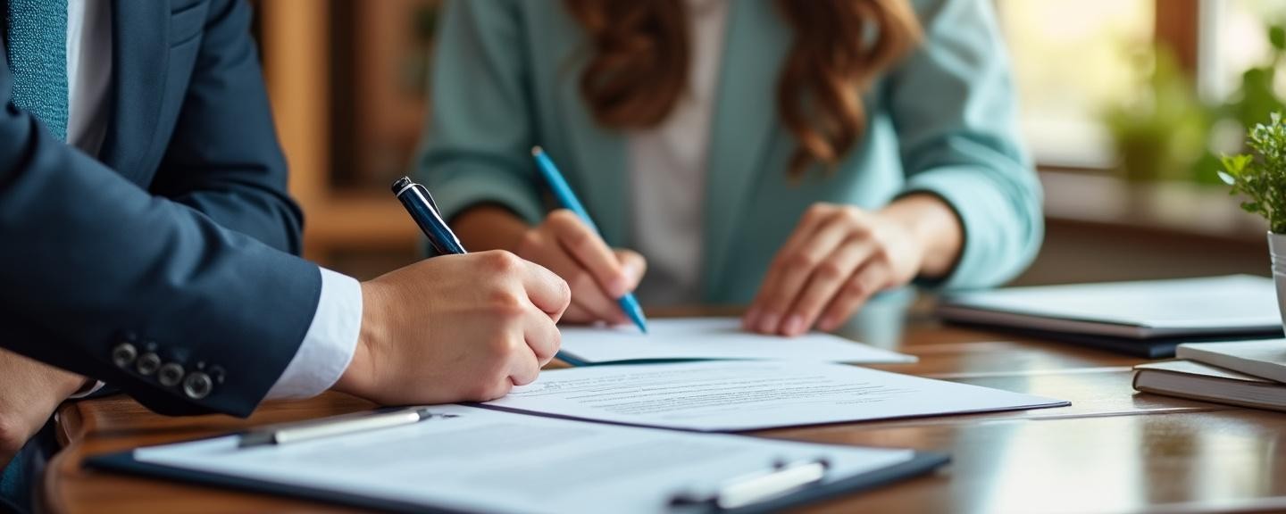 Professional notary witnessing document signing between two individuals at a formal table setup.
