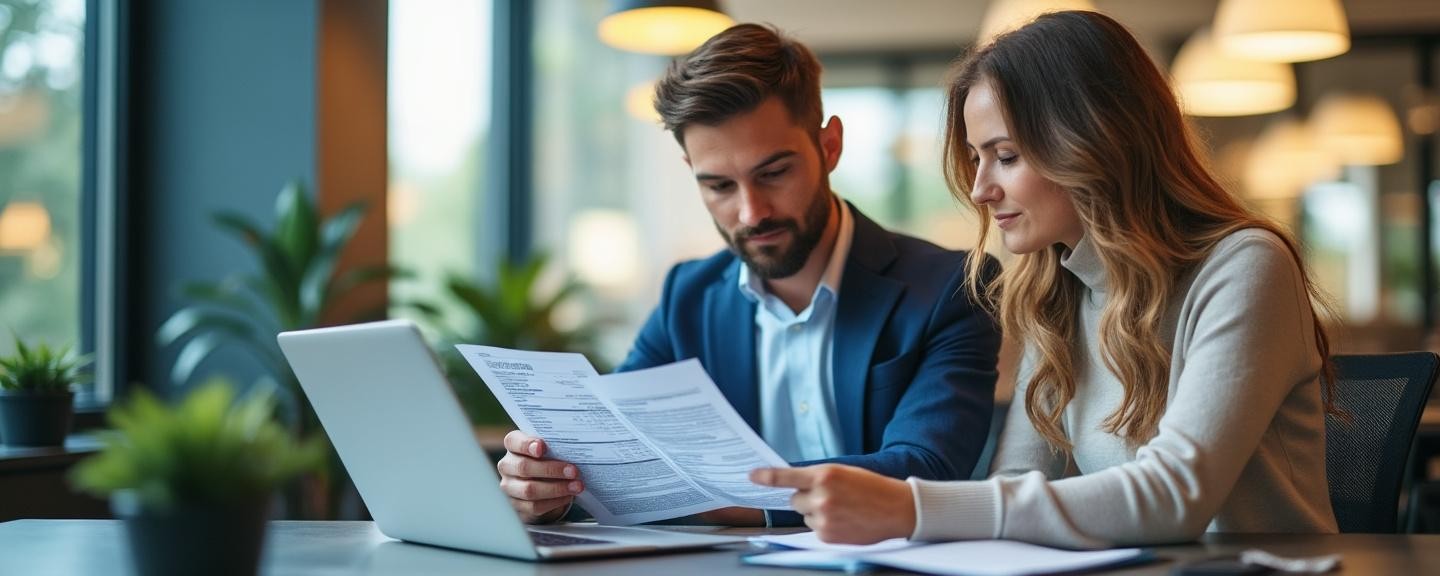 Consultant and client analyzing credit reports and financial documents in well-lit office.