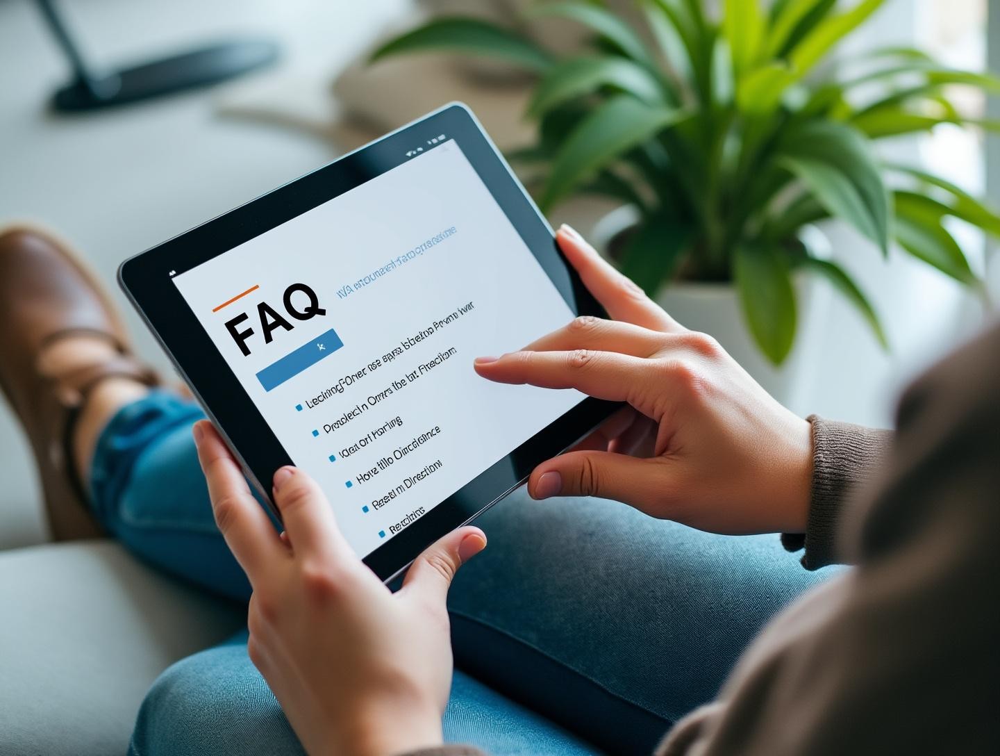 Individual exploring frequently asked questions on a tablet, relaxed atmosphere with plant nearby.
