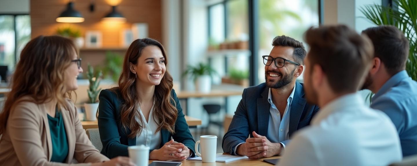 Group of diverse business professionals engaging in a discussion in a modern Florida office setting