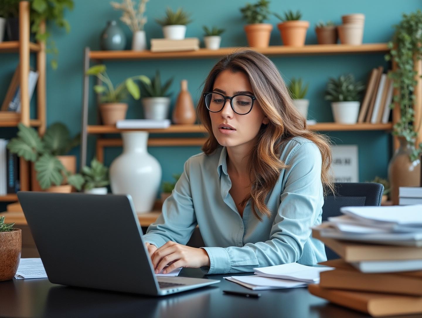 A person sitting at a desk looking overwhelmed with paperwork and a laptop in a small office with startup-related items