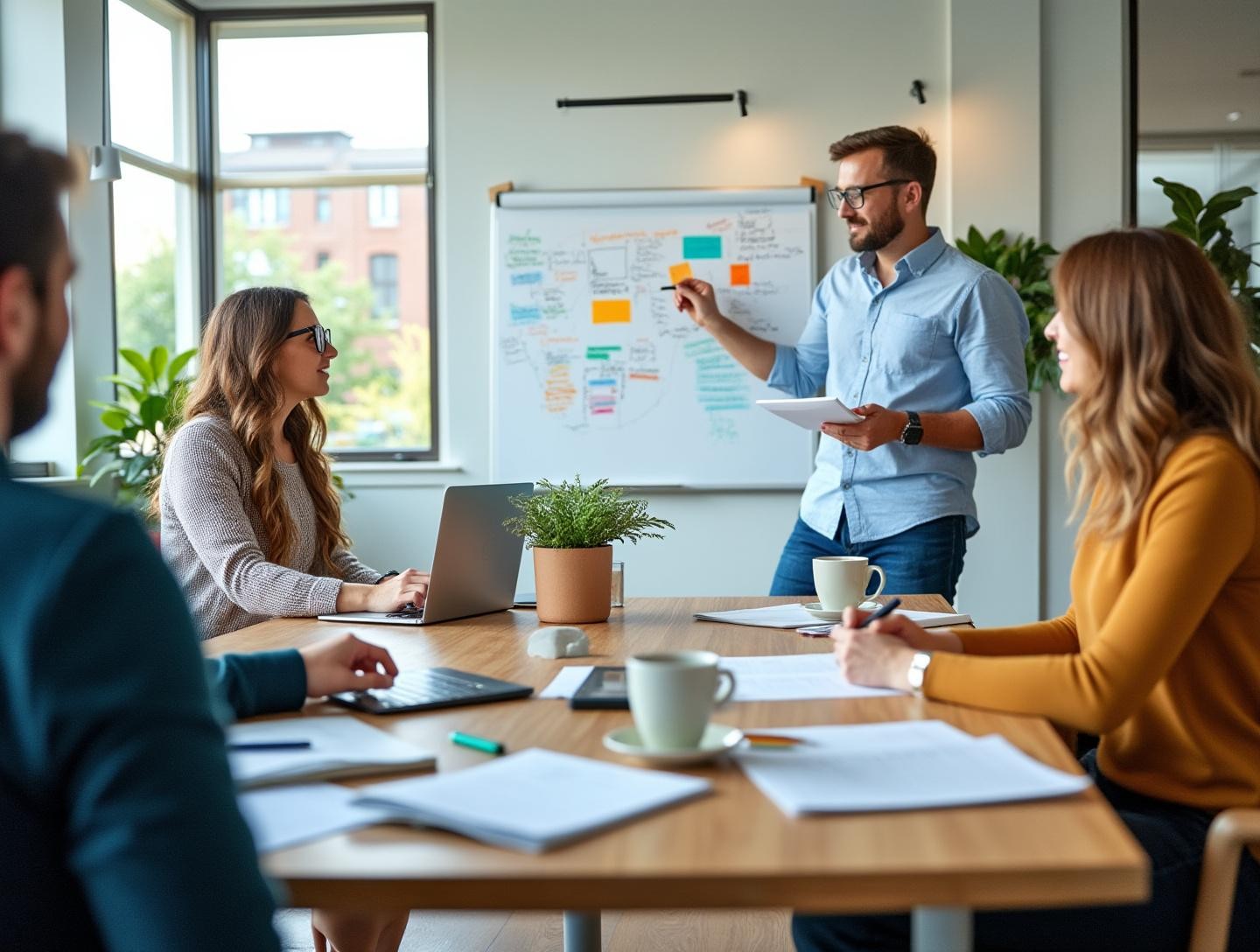 Professionals in collaboration, marking ideas on a whiteboard during a meeting in a bright, professional workspace