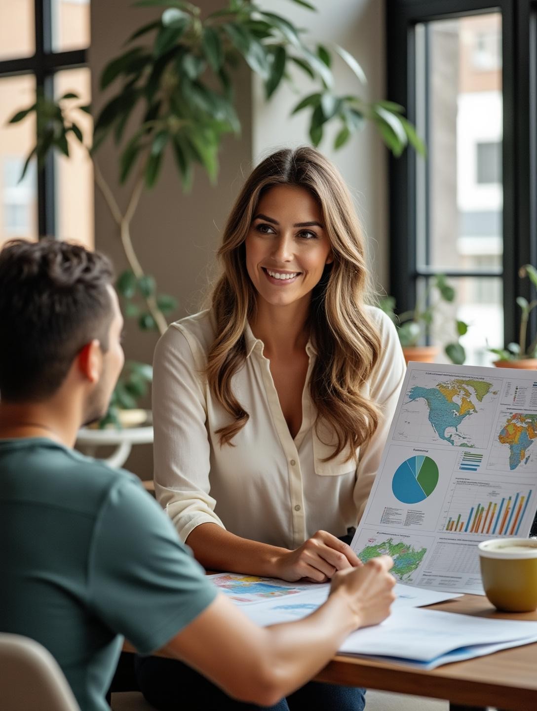 Guiding a client in an office setting with maps and charts visible.