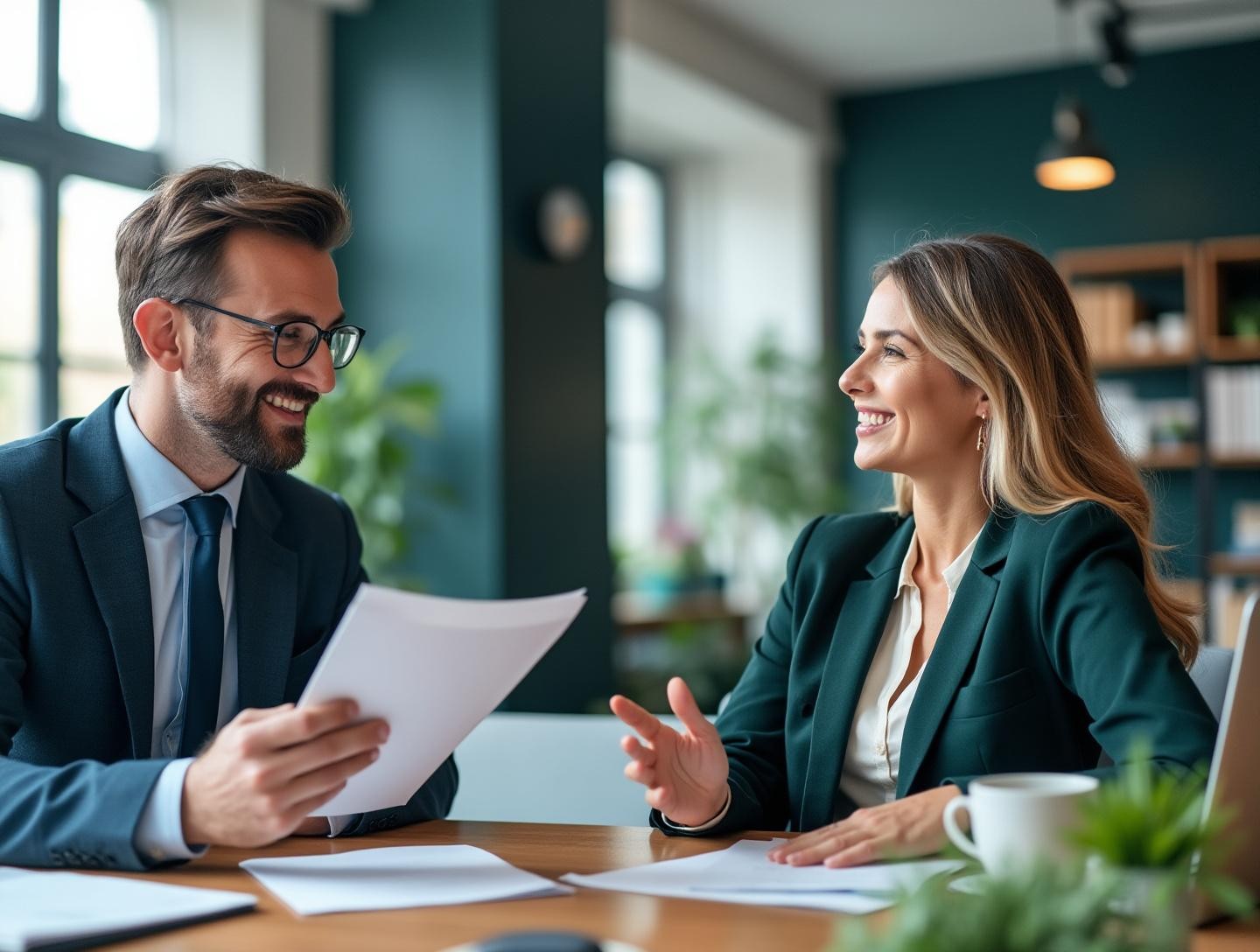 Professional office setting, documents on the table, both parties engaged in conversation