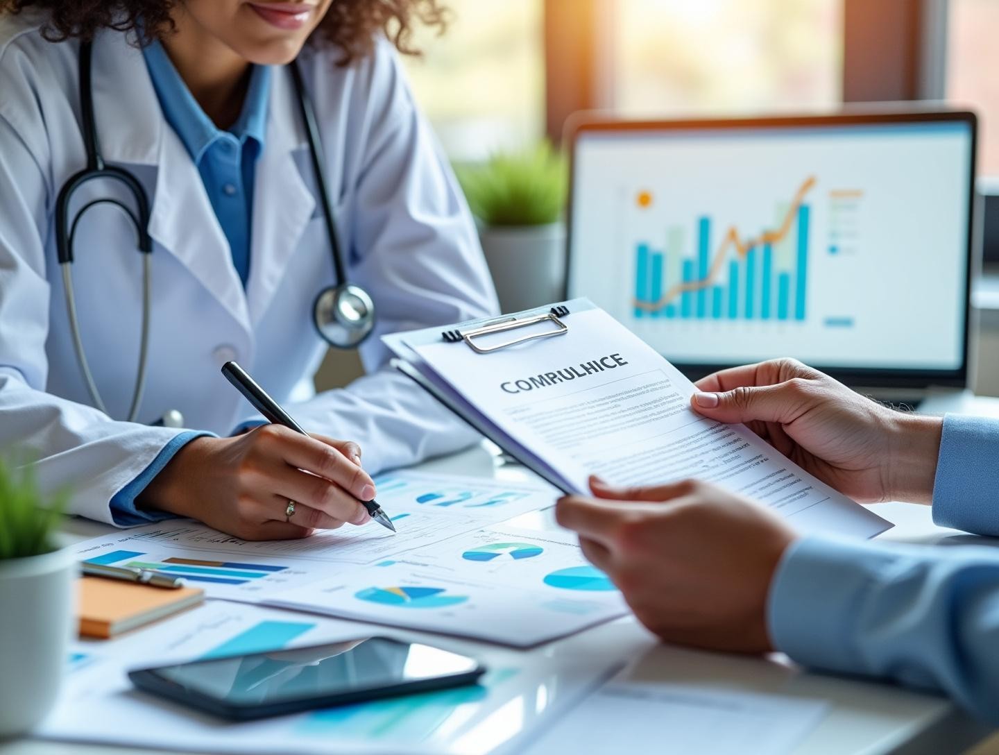 Modern office setting with charts and laptops, focus on compliance and application forms.
