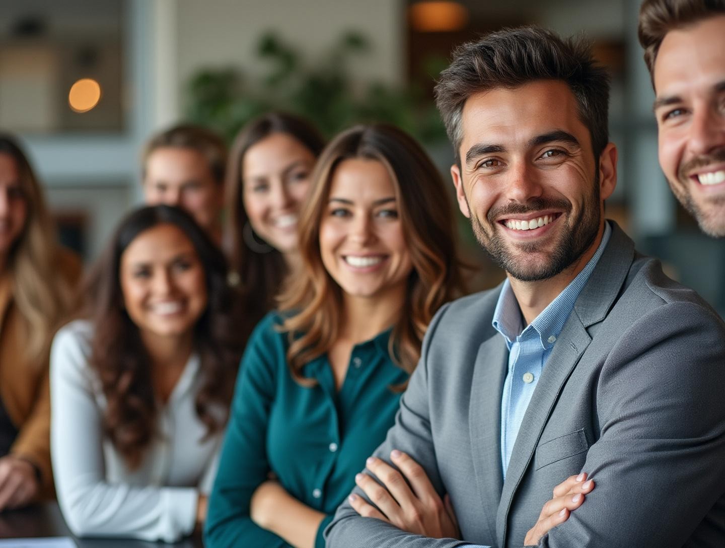 Smiling individuals gathered in a conference room celebrating success in AHCA application completion.