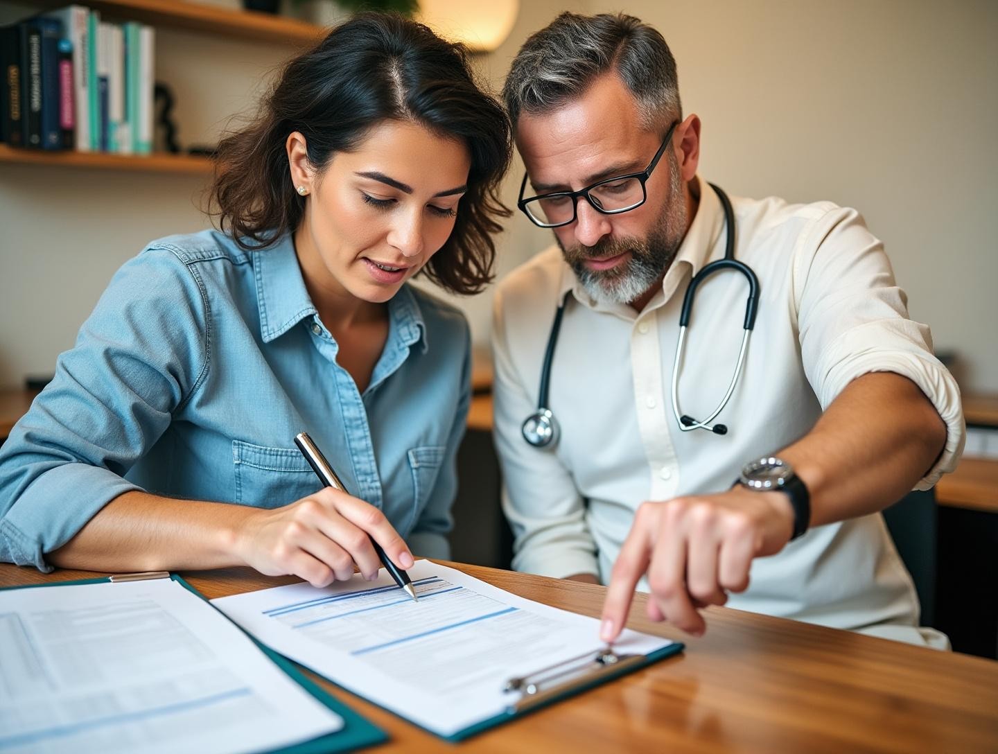 Two individuals at a desk, one reviewing paperwork, the other pointing to checklist