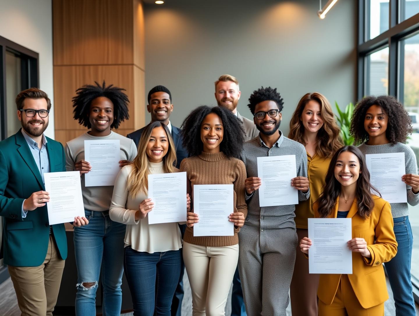 Diverse group in office setting with completed applications and smiles indicating satisfaction