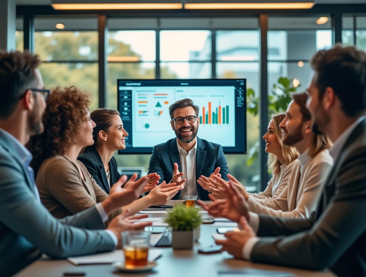Office environment with diverse team members clapping and smiling at a meeting presentation screen