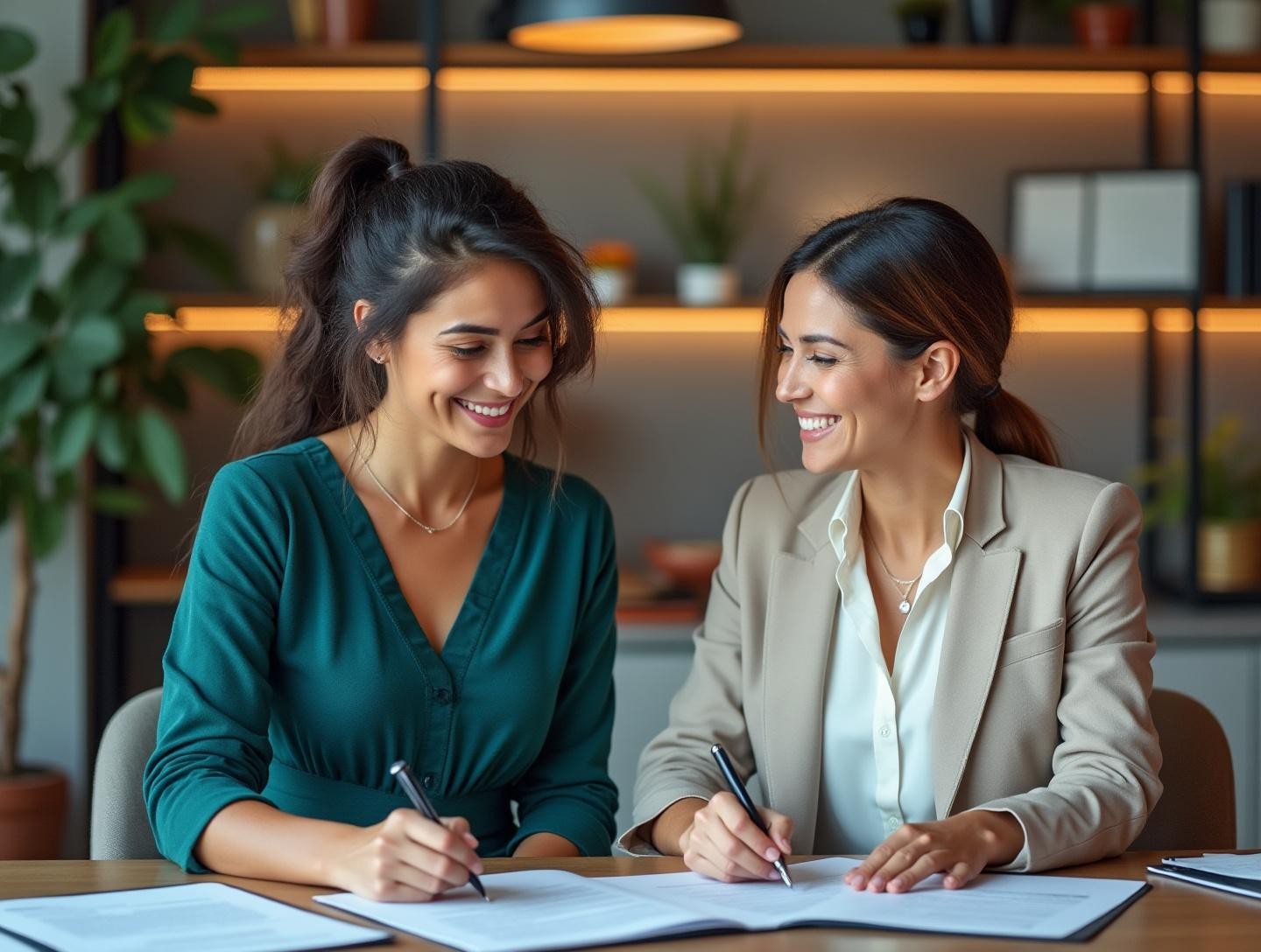 Well-lit office, professional attire, focus on document signing