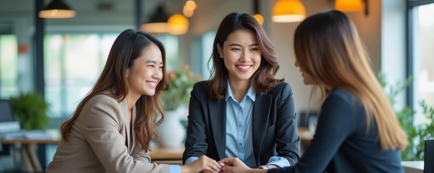 Office setting with individuals interacting smoothly and confidently across language barriers.