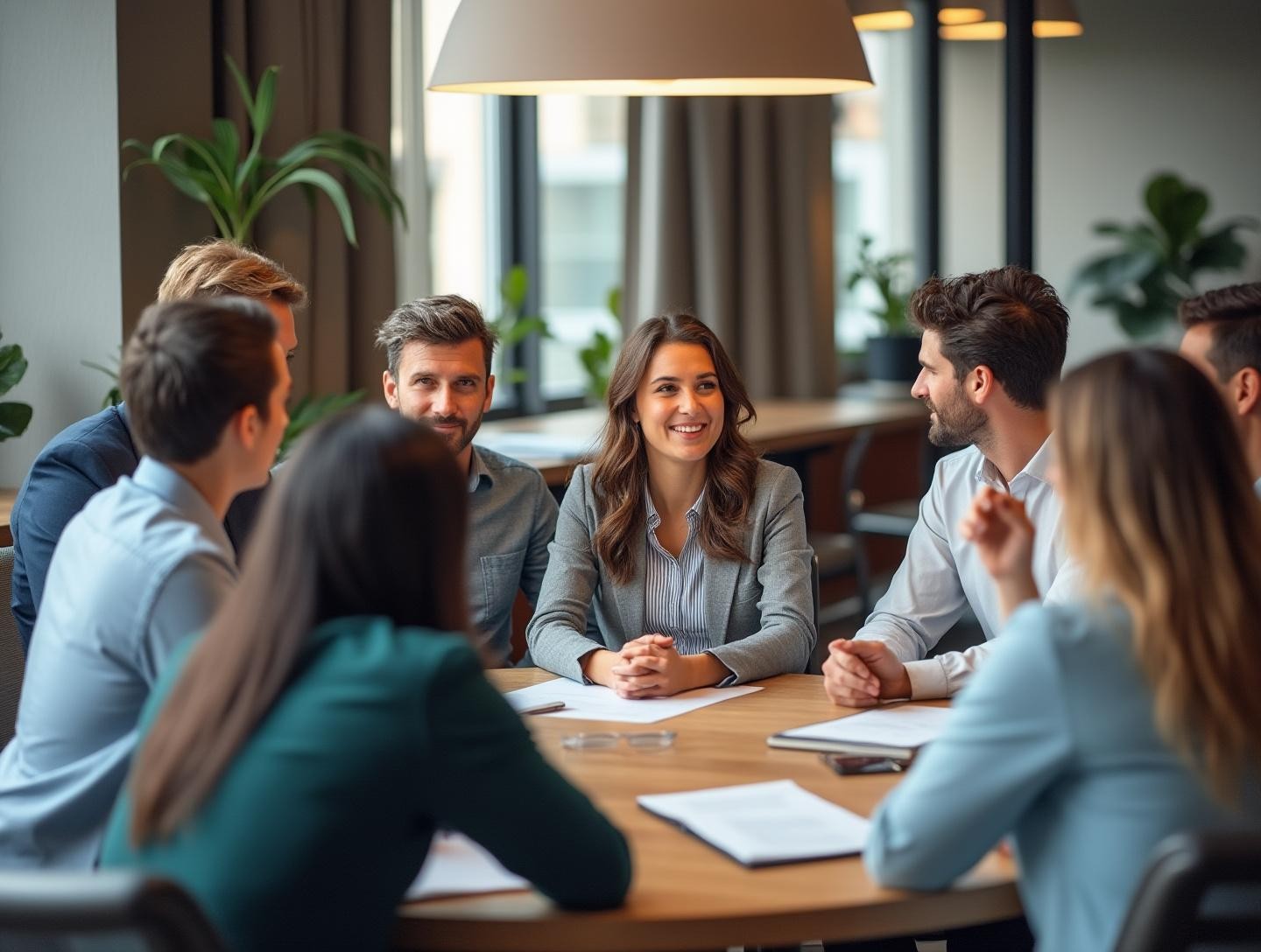 Group of diverse business professionals around a conference table, facing communication difficulties.