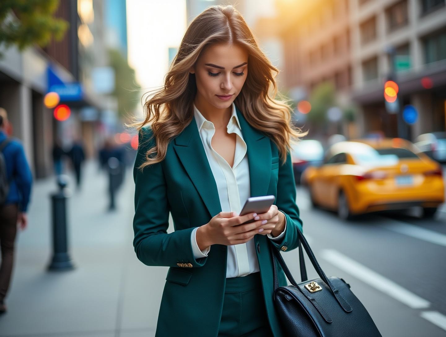 Walking through a city street in business attire while looking at their phone for service options.